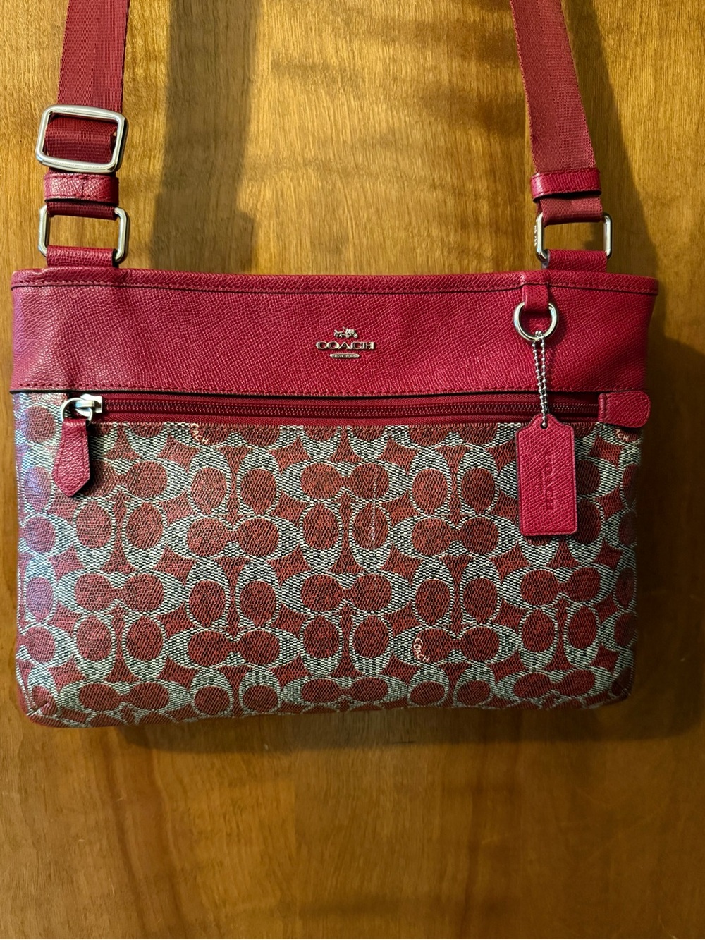 Coach Red Signature Jacquard Crossbody with Leather Trim